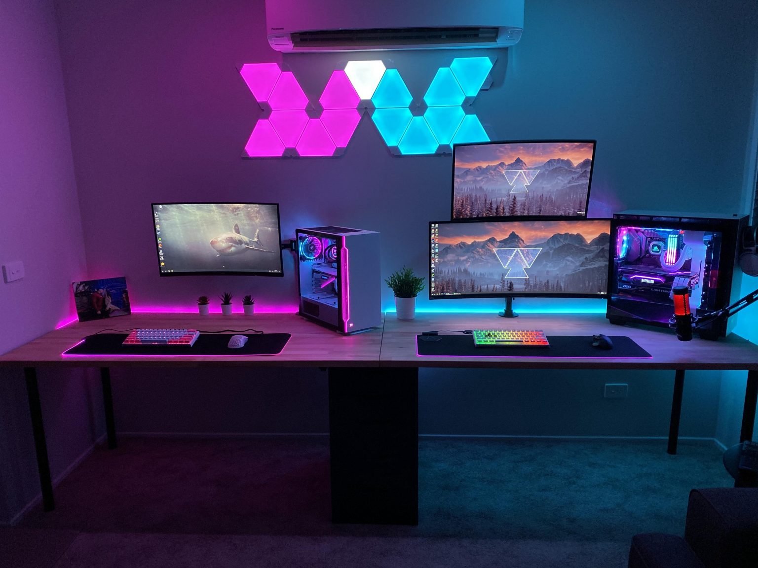 Couples gaming desk setup.